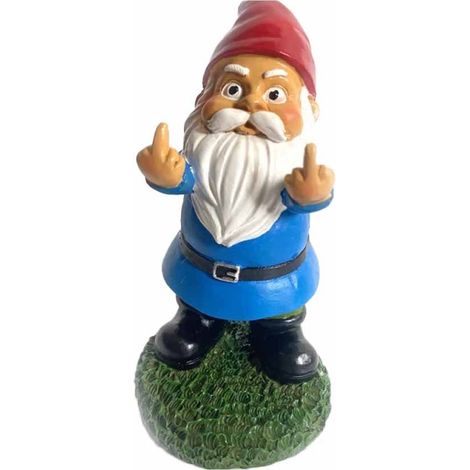 Statue de nain, sculpture de gnome de jardin en tenue de moto, décoration de statue de gnome de jardin amusante (doigts du milieu des deux mains)