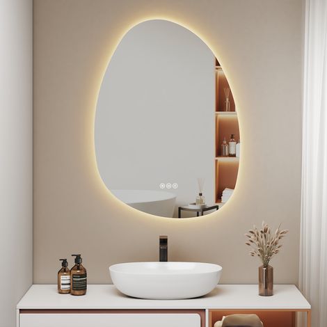EMKE LED Badezimmerspiegel 55x75cm Kieselsteinform Wandspiegel 3 Lichtfarben Dimmbar Anti Fog Touch Schalter Auto Off