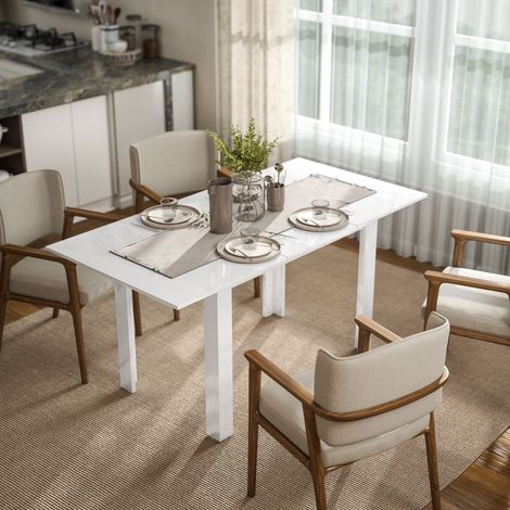Table de salle à manger extensible, 120-160 x 70 cm, table de cuisine réglable pour 4 à 6 personnes, MDF, blanc brillant (1/5)