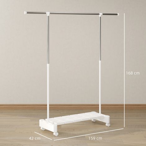 Étendoir à linge extensible (avec roulettes et freins), étagère à chaussures, structure en acier inoxydable, blanc (1/5)