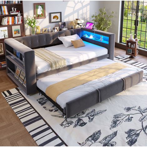 Lit banquette 90/180x190 cm gris foncé en flanelle avec LED, prises et rangement (1/5)