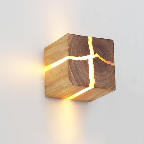 MINKUROW Lámpara de Pared de Madera 8cm Natural Agrietado Diseño Original Aplique de Pared de Madera de Roble Blanqueado Creativo Simple Decoración Cuadrada Aplique de Pared Luz Nocturna 5W (1/5)
