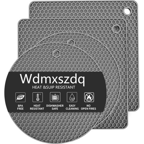 Lot de 4 dessous de verre en silicone pour plats chauds, dessous de plat pour casseroles et poêles chaudes, résistants à la chaleur, antidérapants pour assiettes, gris (1/5)