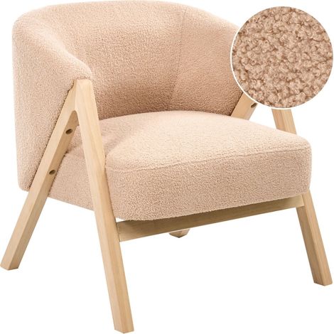 Armchair Beige Boucle Fabric Accent Chair Wooden Legs Modern Design Living Room Bedroom SKEI