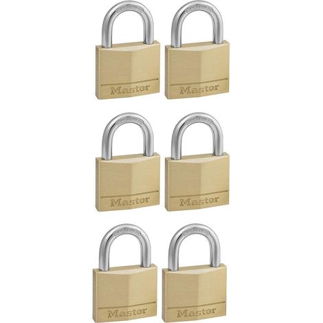 Premium Master Lock 140EURSIX Set of 6 Brass Padlocks with Long Shackle, Gold-Plated, 40mm Keyed Locks