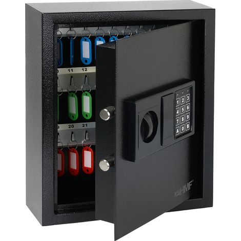 HMF Schlüsseltresor mit Zahlencode, Schlüsselsafe mit Elektronikschloss, 48 Haken, 36 x 30 x 10 cm, Schwarz