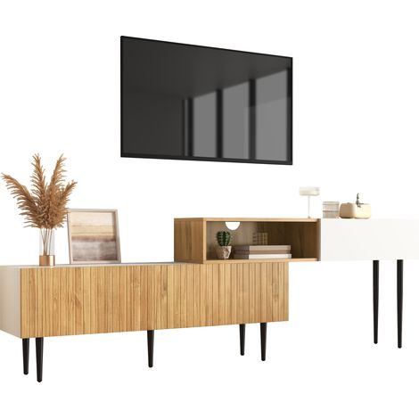 Meuble TV modulable extensible 2 pièces avec portes abattantes, passe-câbles, anti-basculement, aspect bois et blanc, pieds métal noir pour salon moderne - CHICFURN (1/5)