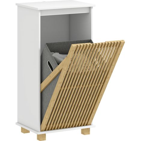 Badezimmerschrank mit Wäschekorb, Bambuslamellentür und herausnehmbarer Tasche, weiß und in Naturholzoptik