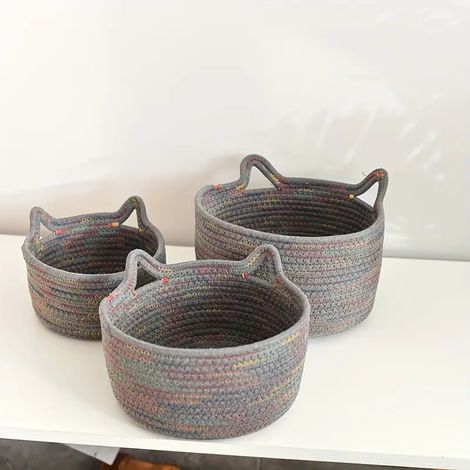 3 paniers de rangement en corde de coton tissé avec oreilles de chat, pour jouets, linge et bureau (1/4)