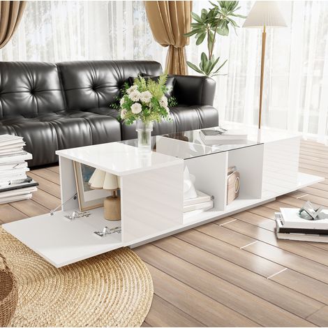 Tavolino da caffè 120x50x38.5 cm bianco in vetro, MDF e pannelli di particelle con LED e contenitori (1/5)