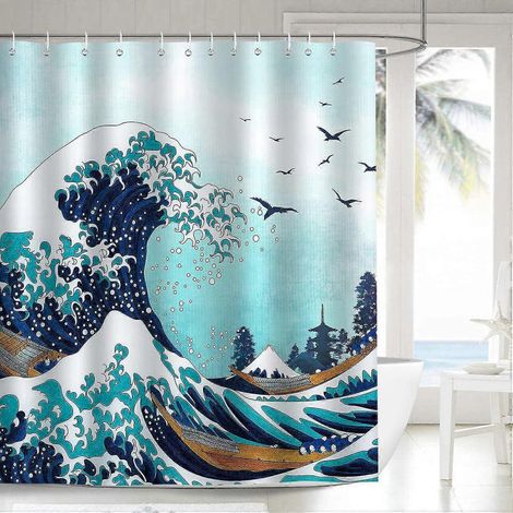 Rideau de douche Kanagawa à motif vagues japonaises 180 x 180 cm, anti-moisissure, imperméable et lavable, avec 12 crochets (1/5)