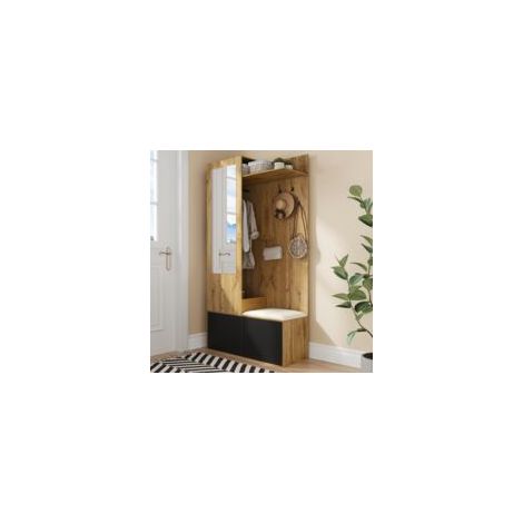 Ensemble de rangement avec 5 crochets, miroir, meuble à chaussures, étagère supérieure et banc d’entrée – Espace suspendu dissimulé – Gain de place multifonction (1/5)