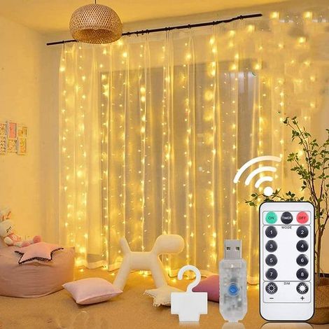 Guirlande lumineuse rideau, 3 m x 3 m (9,8 x 9,8 pi), 300 D, pour chambre à coucher, guirlande féérique, 8 modes d'éclairage, guirlande scintillante, décoration intérieure et extérieure pour mariage, (1/5)