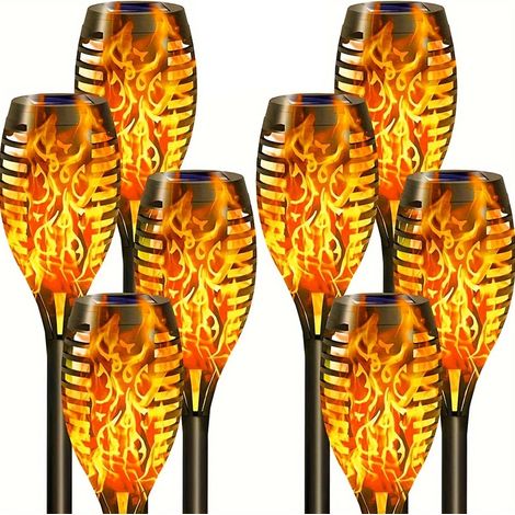 Ensemble de 8 lampes torches solaires à flamme vacillante, étanches, pour la décoration extérieure des allées de jardin, lumière chaude (1/5)