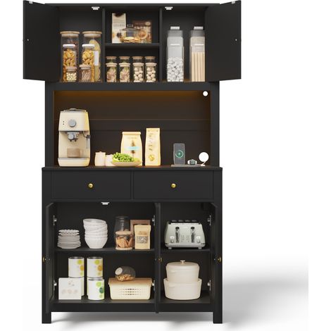 Buffet haut de cuisine Noir,meuble de rangement moderne,avec 2 tiroirs,prise avec USB,LED,100x40x180cm (1/5)