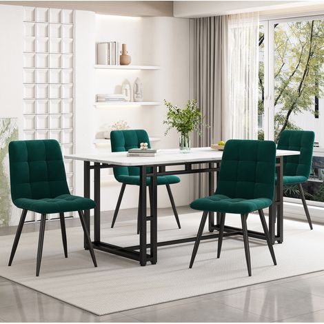 140x80cm Schwarz Esstisch mit 4 Stühlen Set,Moderne Küche Esstisch Set, dunkelgrüner Samt Esszimmerstühle, Schwarz Eisen Beintisch (1/5)