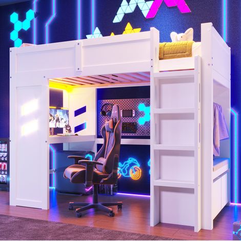 Lit mezzanine en bois de pin blanc 90x200 cm avec bureau, LED, USB et Type-C, 2 tiroirs (1/5)