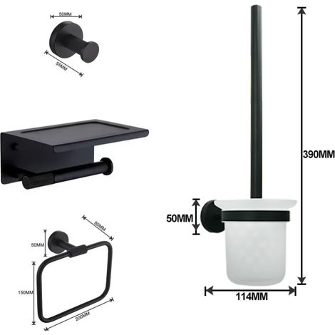 (Ensemble de 4 pièces A) Ensemble de salle de bain élégant noir mat à fixer au mur : porte-essuie-tout mural, crochet pour peignoir, double porte-gobelet et double distributeur de savon. (1/5)