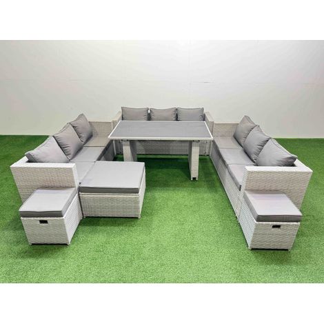 Fimous Patio Outdoor Garden Furniture Sets with Black Glass Top Dining Table 3 Seater Sofa 3 Stool Light Grey (1/5)