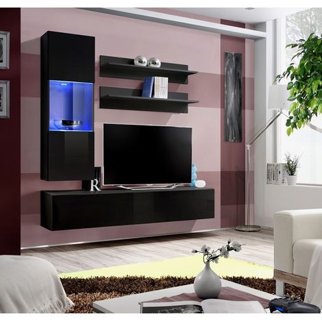 Ensemble meuble TV mural  - Fly III - 160 cm x 170 cm x 40 cm - Noir - Livraison gratuite