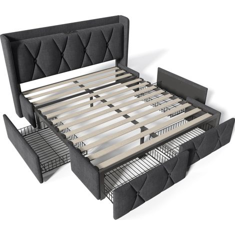 Letto contenitore 140 x 200 cm con 4 cassetti, USB e prese, tessuto grigio - HOMVRA (1/5)