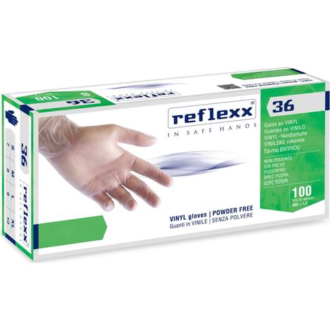 Reflexx R36 Vinyl-Handschuhe ohne Puder, 100 % Latex, 4,4 g, frei von Kat.3, 100 Stück, M