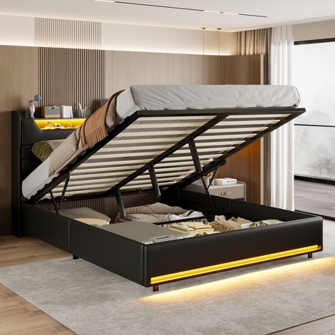 Lit coffre double 160x200 cm – Éclairage LED et ports USB – Sommier hydraulique grand rangement – Tête de lit capitonnée en PU – Noir (1/5)
