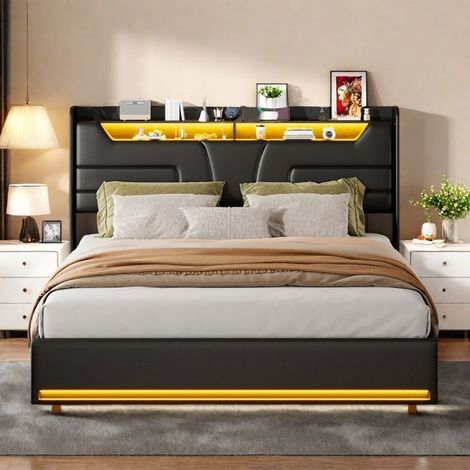 Letto matrimoniale 140x200 - Meccanismo idraulico silenzioso - Testata con USB - Illuminazione LED RGB - Nero