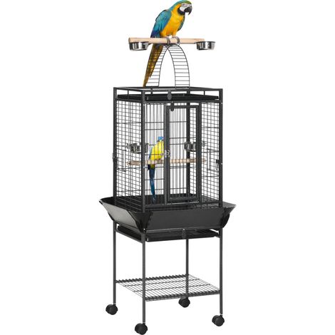 Cage pour perruche avec 2 perchoirs et échelle arquée, acier, 62,5 x 62,5 x 156 cm, grise (1/5)