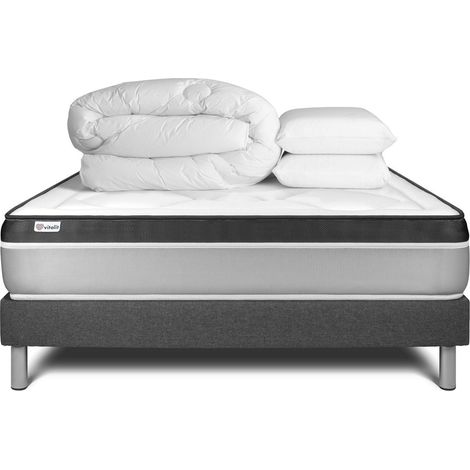 Komplettpaket Bett - Matratze 140x200 cm + Boxspringbett mit Lattenrost (im Set) + 2 Kopfkissen + Bettdecke - Vital Ergo