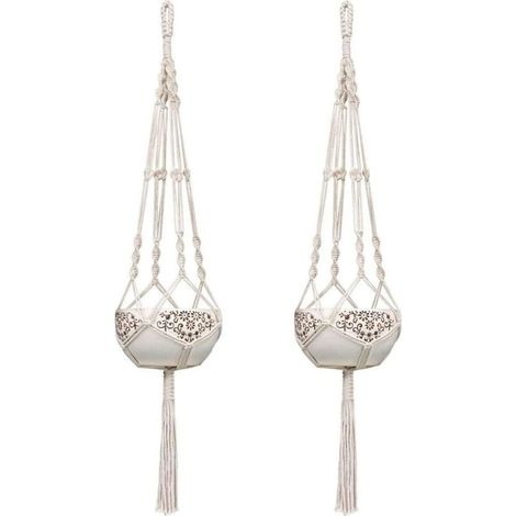 2 Paquets 105cm Blanc Crème Macramé Plante Suspension Corde Pot de Fleurs Suspendu Exterieur Interieur Solide Corde de Coton Pots Support pour Fleur Décoration Mural Balcon Jardin Style Bohême (1/5)