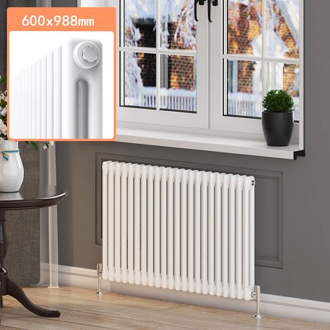 ELEGANT White Traditional Horizontal Radiator 2 Column Radiator Central Heating Column Rads with Anthracite Thermostatic Radiator Valves 600 x 988 mm (1/5)