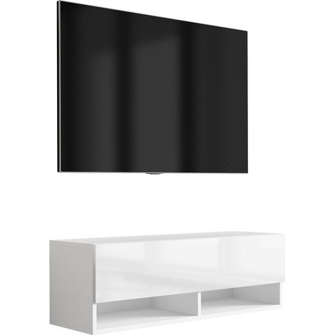 Meuble TV : Blanc Mat / Blanc Brillant, 100 × 32 × 34 cm (1/5)