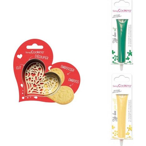 Kit pour biscuit en relief Coeur + 2 Stylos au chocolat vert et jaune pastel (1/3)