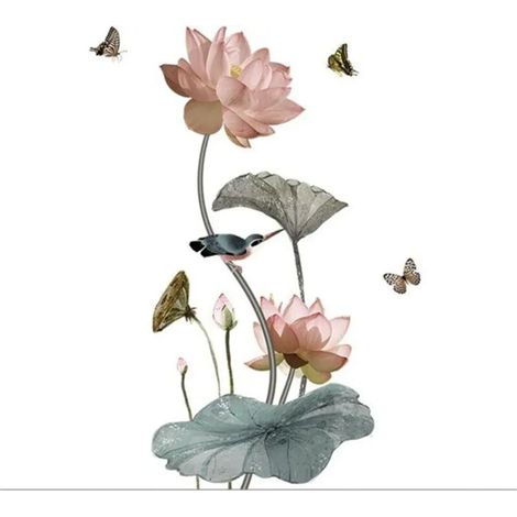 Sticker mural lotus rose, motif feuilles de lotus, décoration pour salon et chambre, 65 x 120 cm