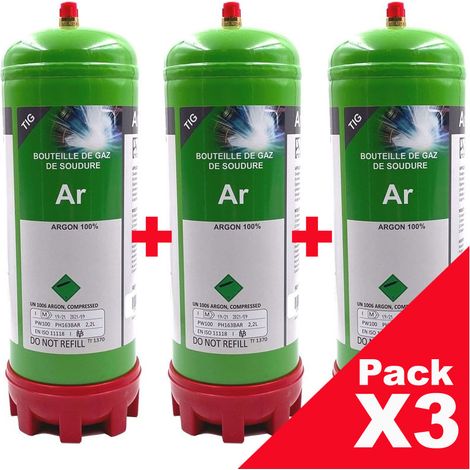 PACK (X3) BOUTEILLES GAZ ARGON PUR jetable 2,2 Litres - Soudure Aluminium