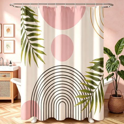 Rideau de douche 180 x 200 cm - Motif feuilles roses - Ourlet lesté - Anti-moisissure - Imperméable - Lavable - En polyester - Avec 12 œillets et anneaux de rideau de douche - Pour salle de (1/5)