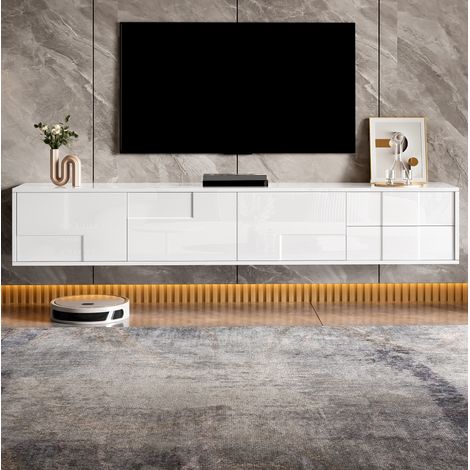 Meuble TV blanc 170 cm, suspendu ou posé, 3 portes et 2 tiroirs, finition brillante, HAVRYA (1/5)