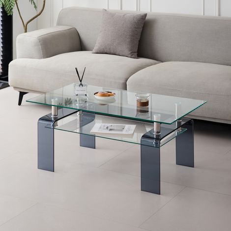 Mesa de centro 100x55x45 cm de vidrio templado transparente, doble nivel, MEUBLIV (1/5)