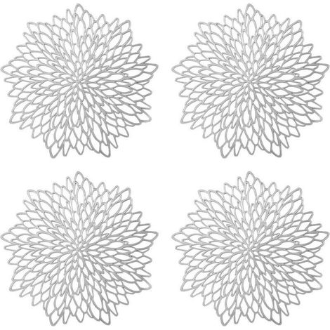 Set de Table Rond évidé, 4 pièces Set de Table Rond Argent métallisé Set de Table antidérapant Tapis de Protection en PVC à Coaster en Plastique Mats (1/5)
