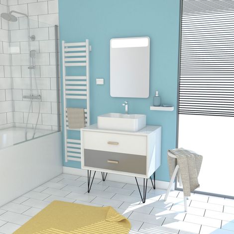 MUEBLE DE BANO ESCANDINAVO BLANCO Y GRIS 2 CAJONES 80cm, LAVABO Y ESPEJO