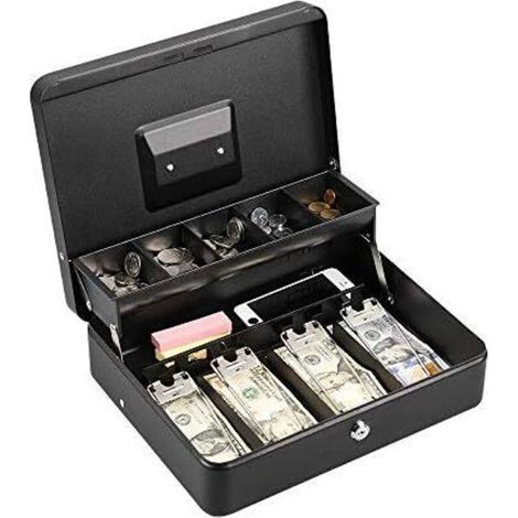 Lockable metal money box, coin and security box, large cash box with lock - new metal money box - black (1/5)