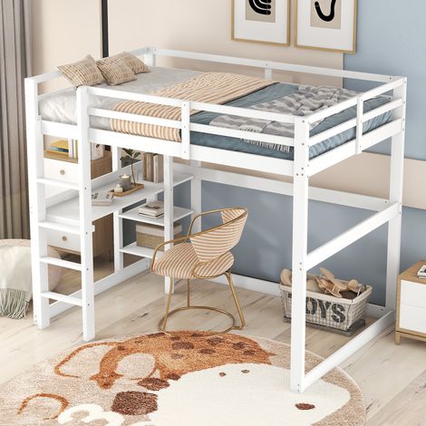 Hochbett 140 x 200 Cm Mit Schreibtisch Und 4 Regalen, Ohne Matratze, Aus Holz, Antik Weiß