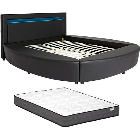 Vente-Unique – Lit rond 180 x 200 cm – Simili noir avec LEDs multicolores – Sommier à lattes inclus – Matelas ressorts ensachés 20 cm (1/5)
