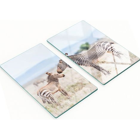 Juego de dos tablas de cocina decorativas de cristal con diseño de cebra y montañas, 2x30x52 cm. (1/5)