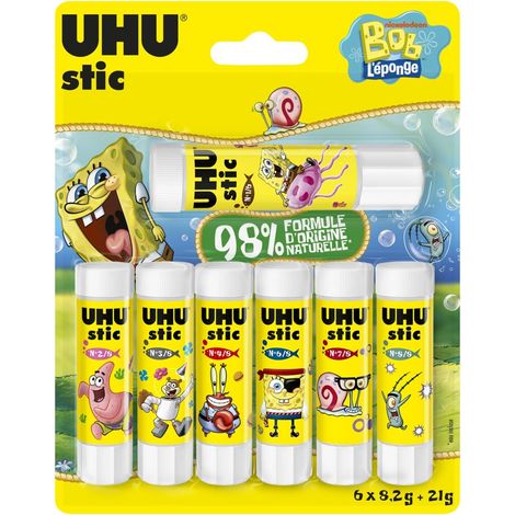 Bâton de Colle Sans Solvants - Edition Bob L'Éponge - Colle Enfant, Loisirs Créatifs, Bureau, Maison, École - Blanche - Fournitures de Bureau - Lot de 6 Stics de 8,2 g + 1 Stic 21 g (1/5)