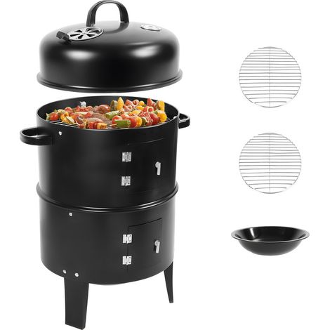 FLASIDU Fumoir à charbon de bois, Multifonctionnel Four fumoir, Structure en fer laminé à froid, Grille de cuisson amovible à double couche, Thermomètre intégré, 40×40x80cm (1/5)