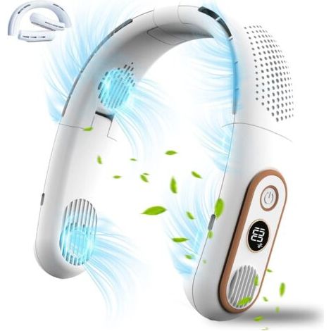 Ventilateur de cou portable sans pales rechargeable 5 000 mAh 3 vitesses - Climatiseur personnel à suspendre - 4 moteurs turbo - Affichage LED - Cadeau pour homme et femme - Intérieur et (1/5)