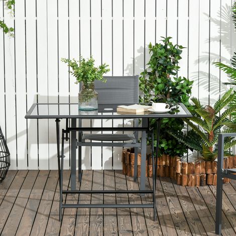 Table à manger de jardin pliable 110x70x70cm, verre trempé, trou de parasol, noir