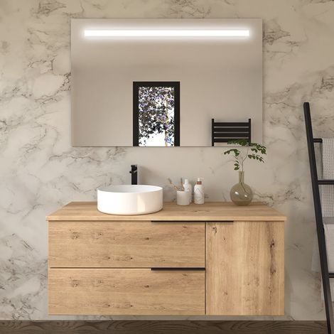 Meuble de salle de bain avec vasque à poser ronde  - roble (chêne clair) - KING et miroir Led STAM - 120cm (1/5)